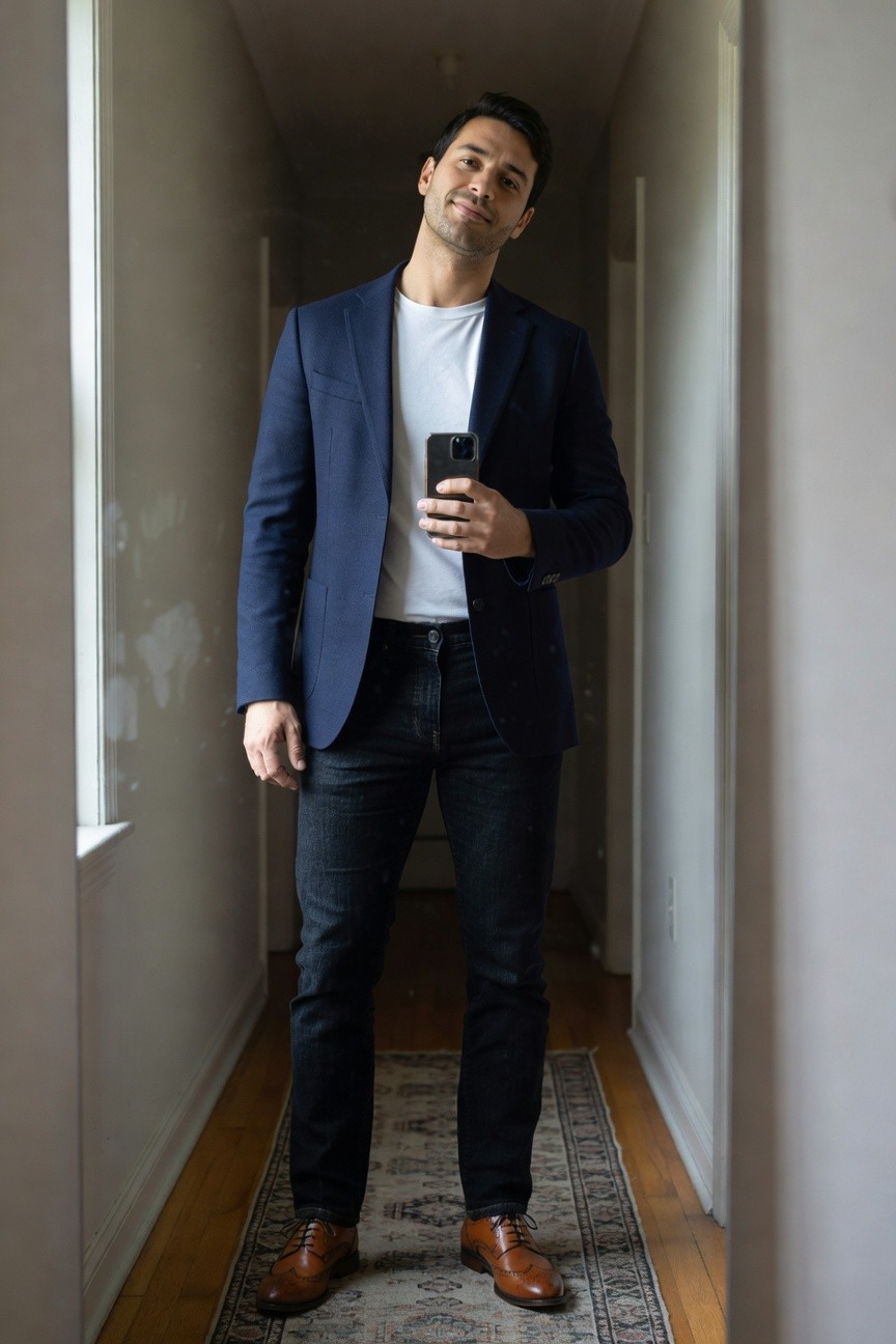 Man in navy blue blazer over white t-shirt, dark slim jeans, and brown leather brogue shoes, posing confidently in a hallway while holding a smartphone