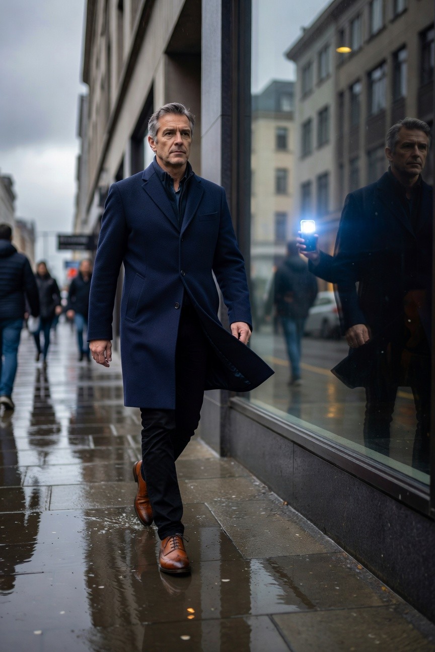 Mature man in navy wool overcoat over black shirt and slim dark jeans with brown leather brogue shoes walking on pavement, coat open and shoes polished