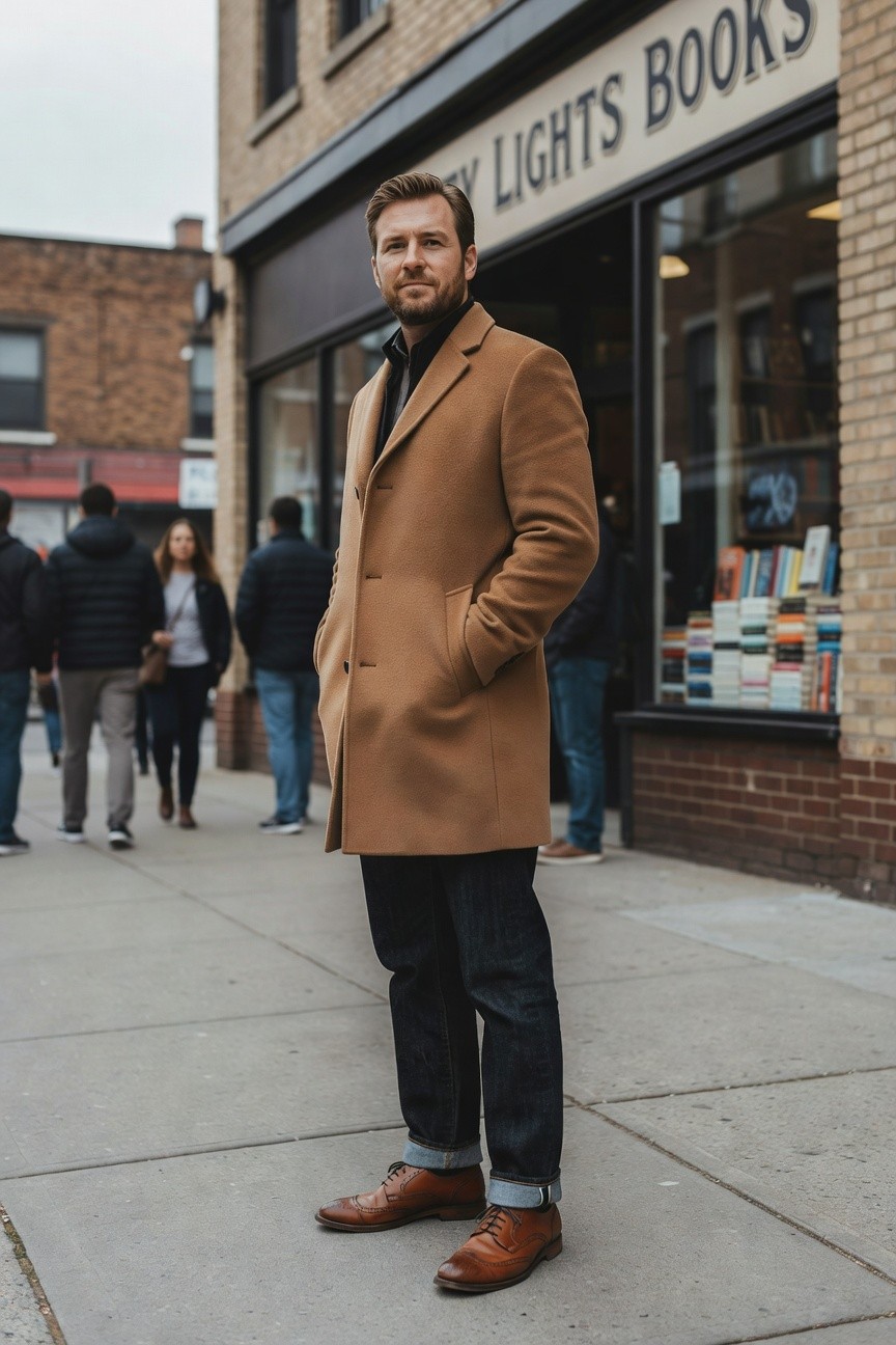 Man standing on sidewalk in camel wool overcoat over black turtleneck, dark cuffed jeans, and brown wingtip brogue shoes, outside bookstore storefront