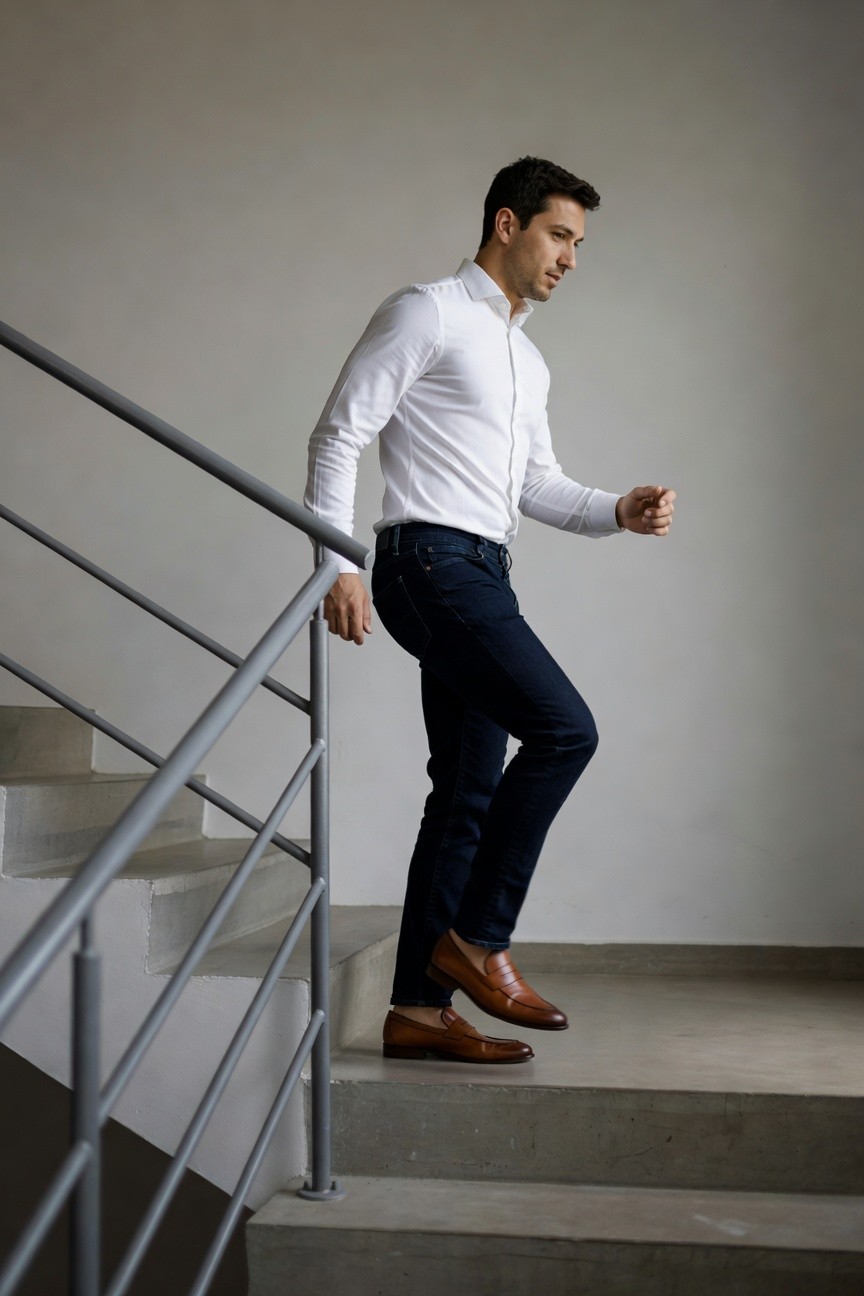 Man in white long-sleeve button-up shirt tucked into slim dark blue jeans, brown leather loafers, one hand on metal stair railing, side profile walking up concrete stairs in modern interior