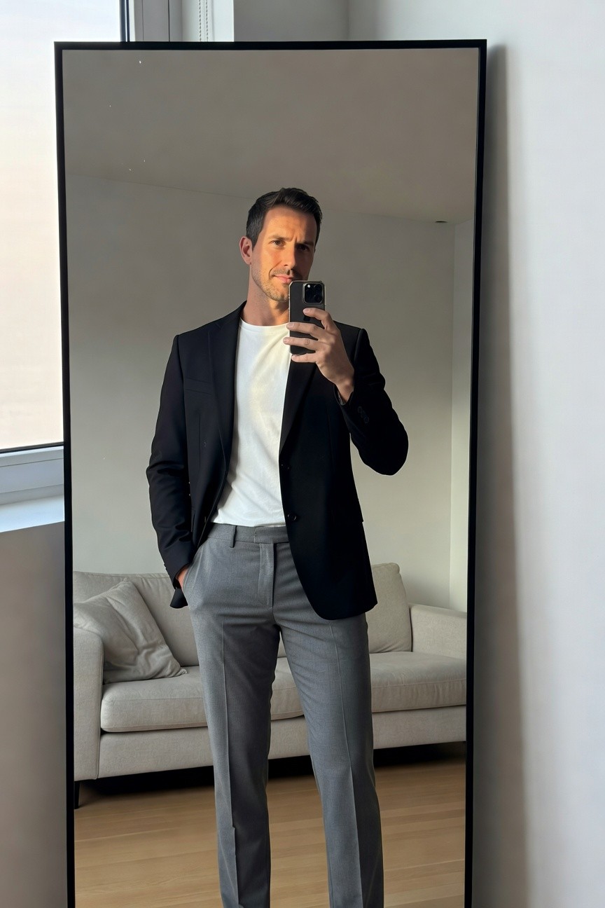 Man taking mirror selfie in black slim-fit blazer over white crewneck tee and slim grey dress pants, hands in pockets, modern apartment background with sofa