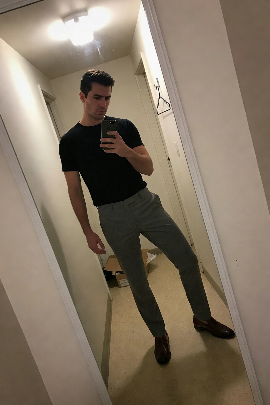 Mirror selfie of a man wearing a fitted black short-sleeve t-shirt, slim light-grey dress pants, and brown leather loafers in a hallway setting