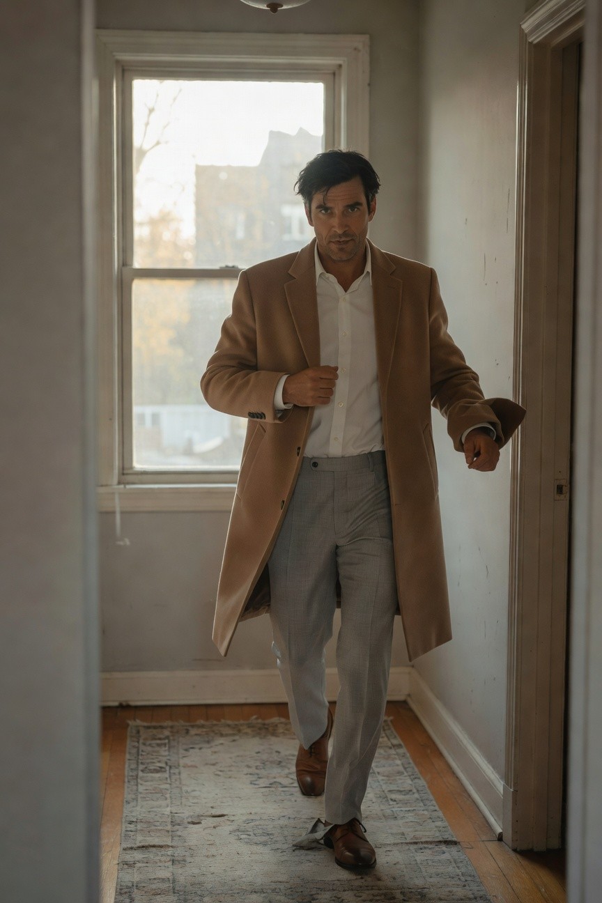 Man in tailored grey dress pants, white button-up shirt, and long camel overcoat, walking in a hallway with brown leather oxfords