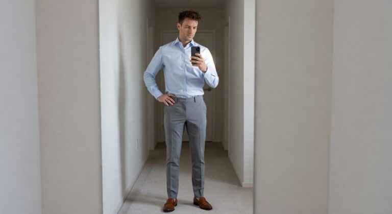 Man in light blue long-sleeve dress shirt tucked into slim grey dress pants with brown leather loafers, mirror selfie in hallway showing full professional office outfit