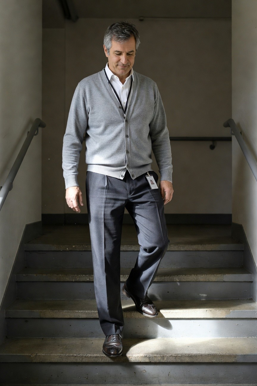 Man walking down concrete stairs in light grey open v-neck cardigan over white collared shirt with lanyard, dark grey pleated dress pants, and black leather oxford shoes, professional office attire.
