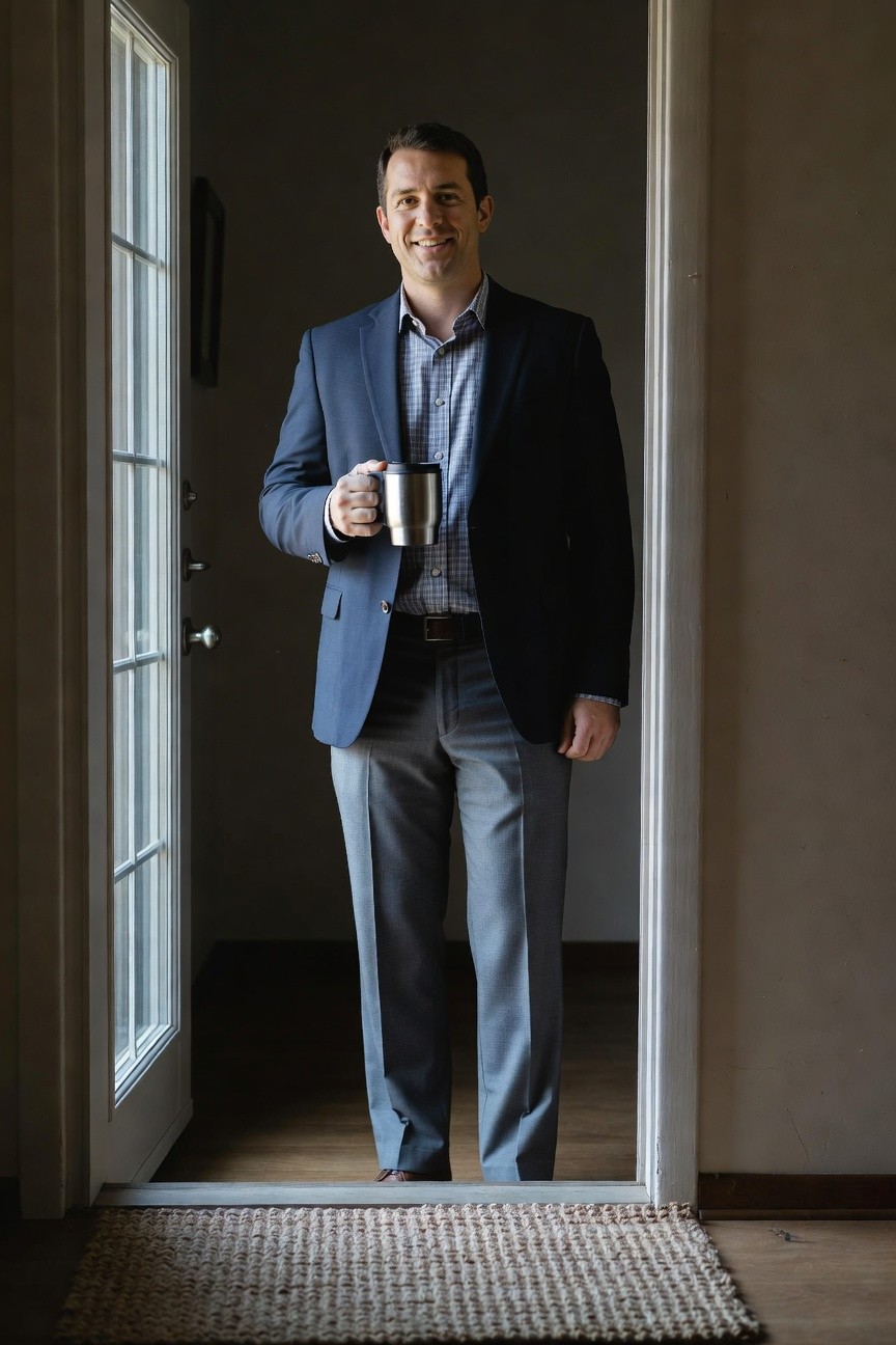 Man in navy blazer over light blue plaid button-up shirt tucked into slim grey dress pants with brown belt and shoes, holding stainless steel mug