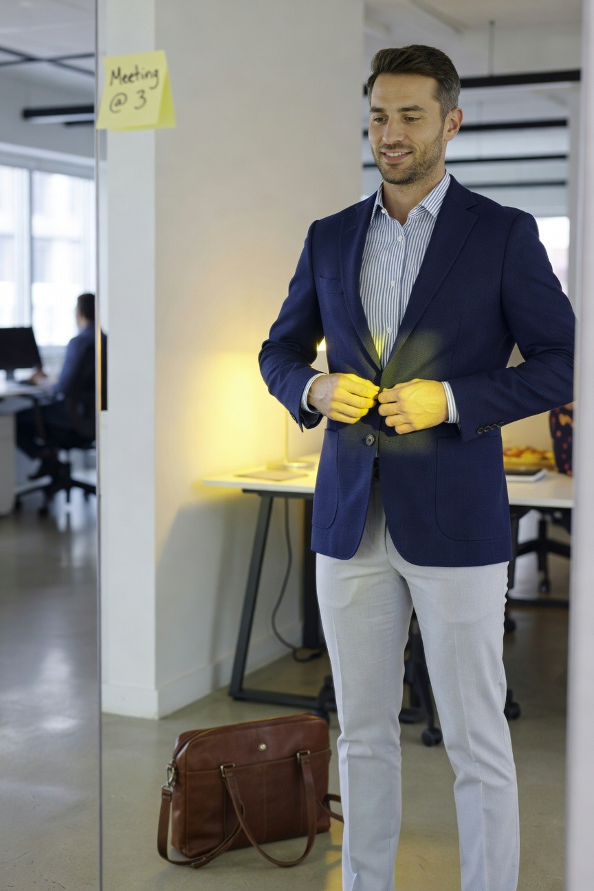 Man in office mirror adjusting navy blazer over striped shirt and light grey dress pants, yellow gloves on hands, brown leather bag on floor nearby