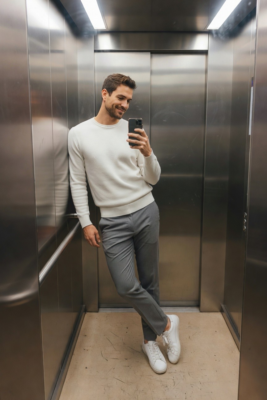 Man leaning casually in elevator wearing white crewneck sweater, slim grey dress pants, and white sneakers while taking a selfie