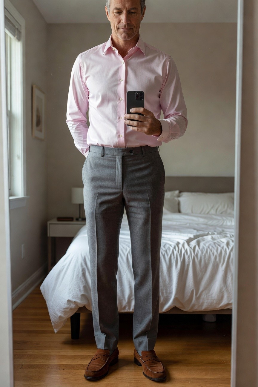 Man in a light pink long-sleeve dress shirt tucked into slim grey wool dress pants, standing in front of a mirror with hands in pockets, wearing brown suede penny loafers, clean office outfit