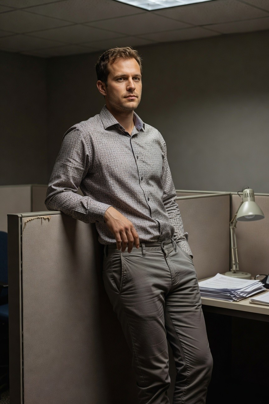 Man leaning against gray office cubicle wall wearing light gray patterned long-sleeve button-down shirt tucked into slim gray dress pants with hands in pockets for a casual office look