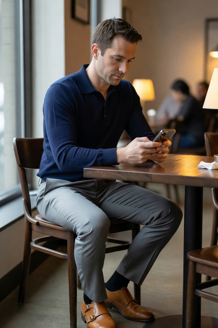 Handsome man in navy long-sleeve knit polo shirt, slim grey dress pants, black socks, and tan buckled monk strap shoes, seated at wooden cafe table while checking his phone