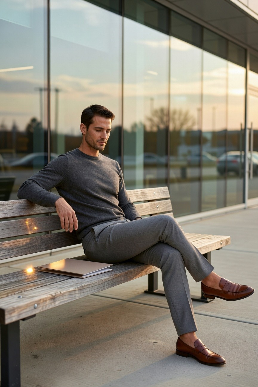 Man in charcoal knit crewneck sweater, light grey slim dress pants, and brown penny loafers sitting on a bench with a tan notepad nearby, captured in a modern office exterior setting