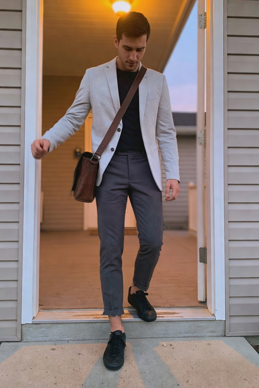 Man in light grey blazer, black turtleneck, slim grey dress pants cuffed at ankles, black sneakers, and brown leather messenger bag, stepping through a doorway