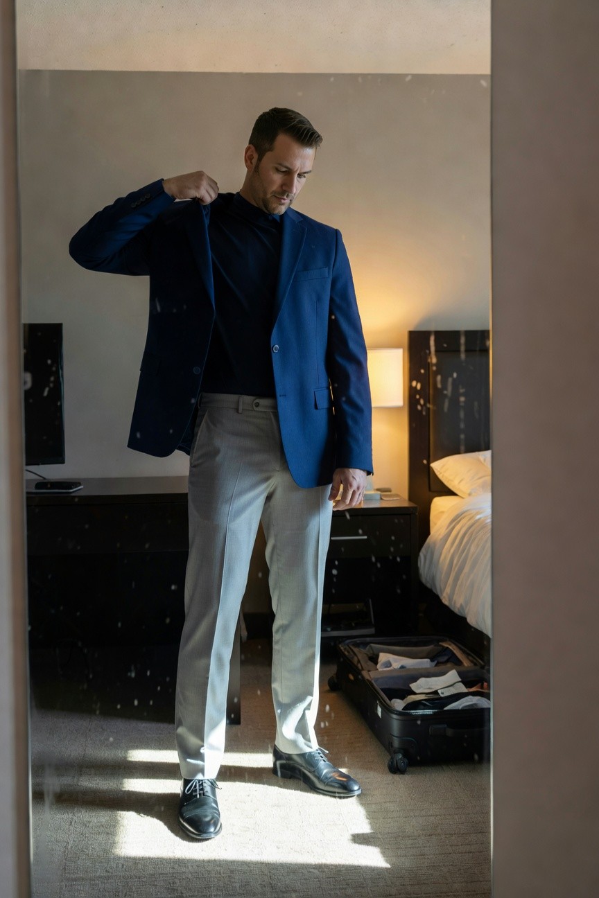 Man in navy blue blazer over black turtleneck, light grey dress pants, and black oxford shoes, adjusting jacket in hotel room mirror with open suitcase nearby