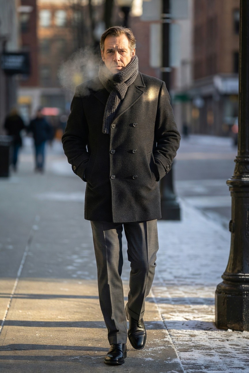 Man in charcoal grey slim dress pants, black double-breasted wool overcoat, grey wool scarf, and black oxfords, hands in pockets, walking urban style
