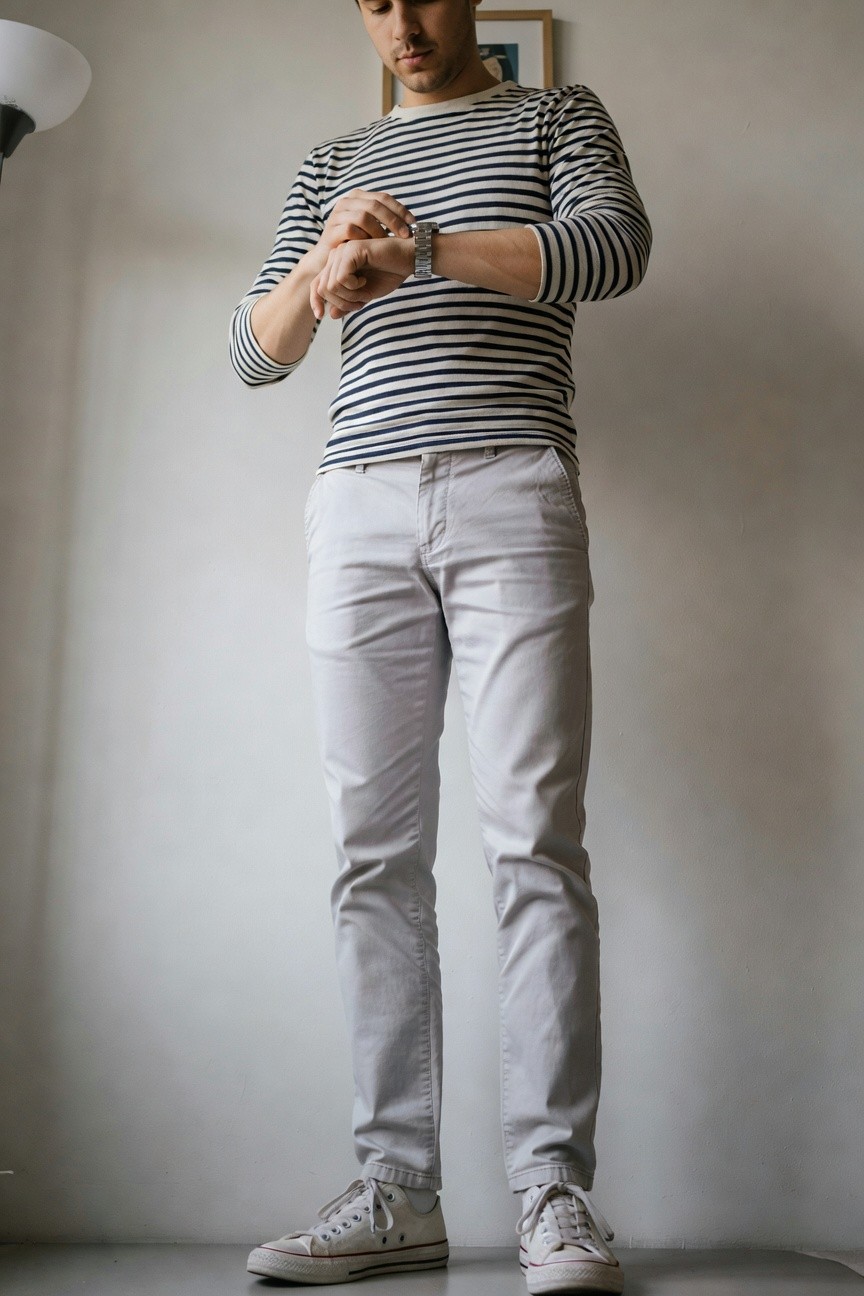 Man in navy and white striped long-sleeve Breton shirt tucked into light grey slim chinos, white Converse high-top sneakers, silver watch on wrist, standing indoors against white wall