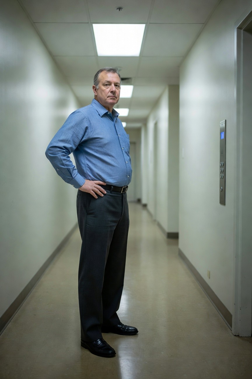 Man in light blue button-down shirt, grey trousers, black belt, and black loafers standing confidently in a modern office hallway