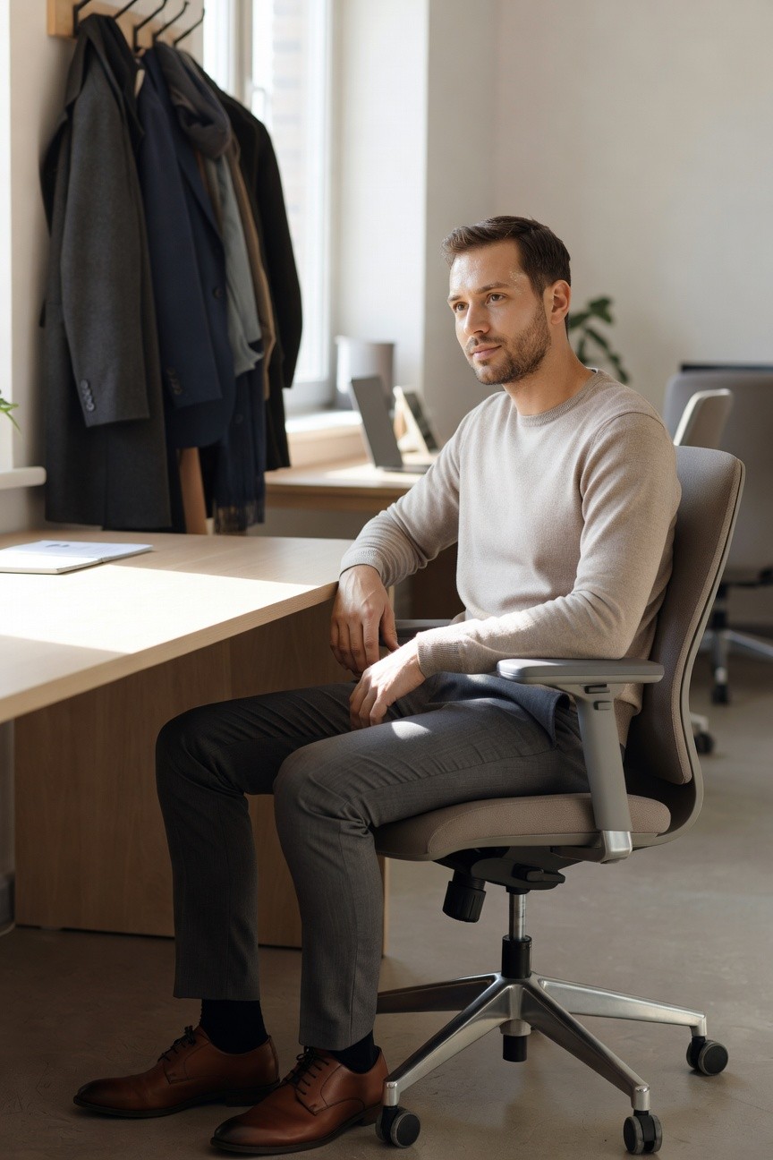 A man in business casual attire sits at a wooden desk in a modern office, wearing a light beige crewneck sweater, slim grey trousers, and brown leather dress shoes, with arms crossed thoughtfully.