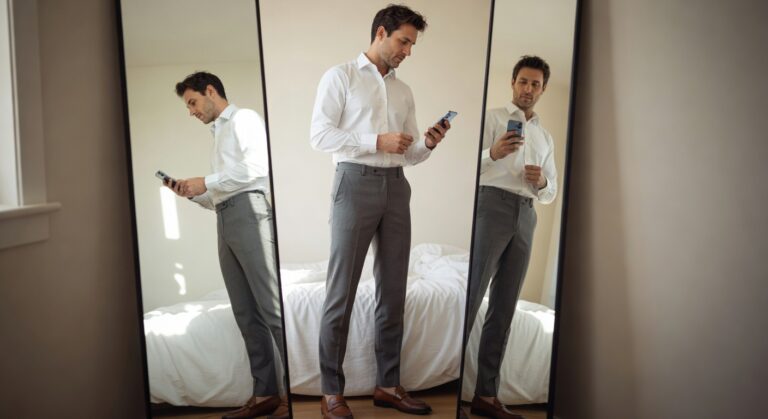 Man in full-length mirror selfie wearing long-sleeve white dress shirt tucked into slim grey wool trousers with brown leather loafers, holding phone in hand
