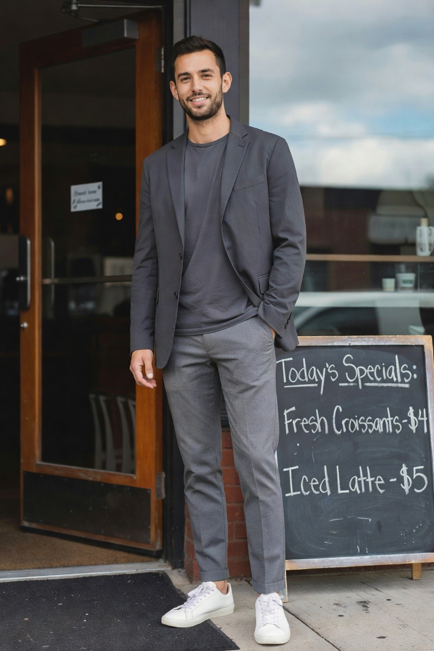 Man in dark grey blazer over grey t-shirt, slim grey pants, and white sneakers standing casually with hands in pockets outside a cafe door