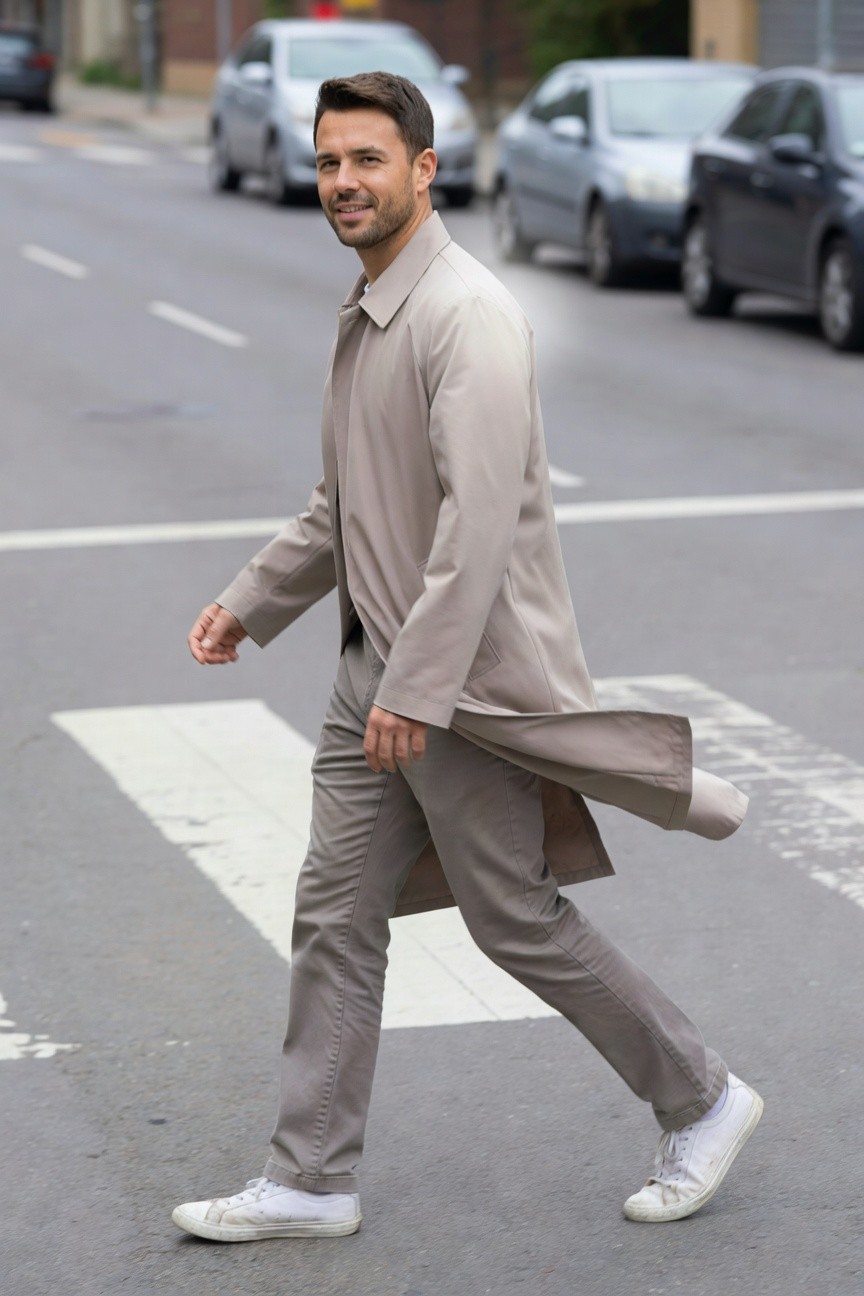 Man walking across crosswalk in light beige trench coat over white shirt and light grey pants with white sneakers, smiling confidently