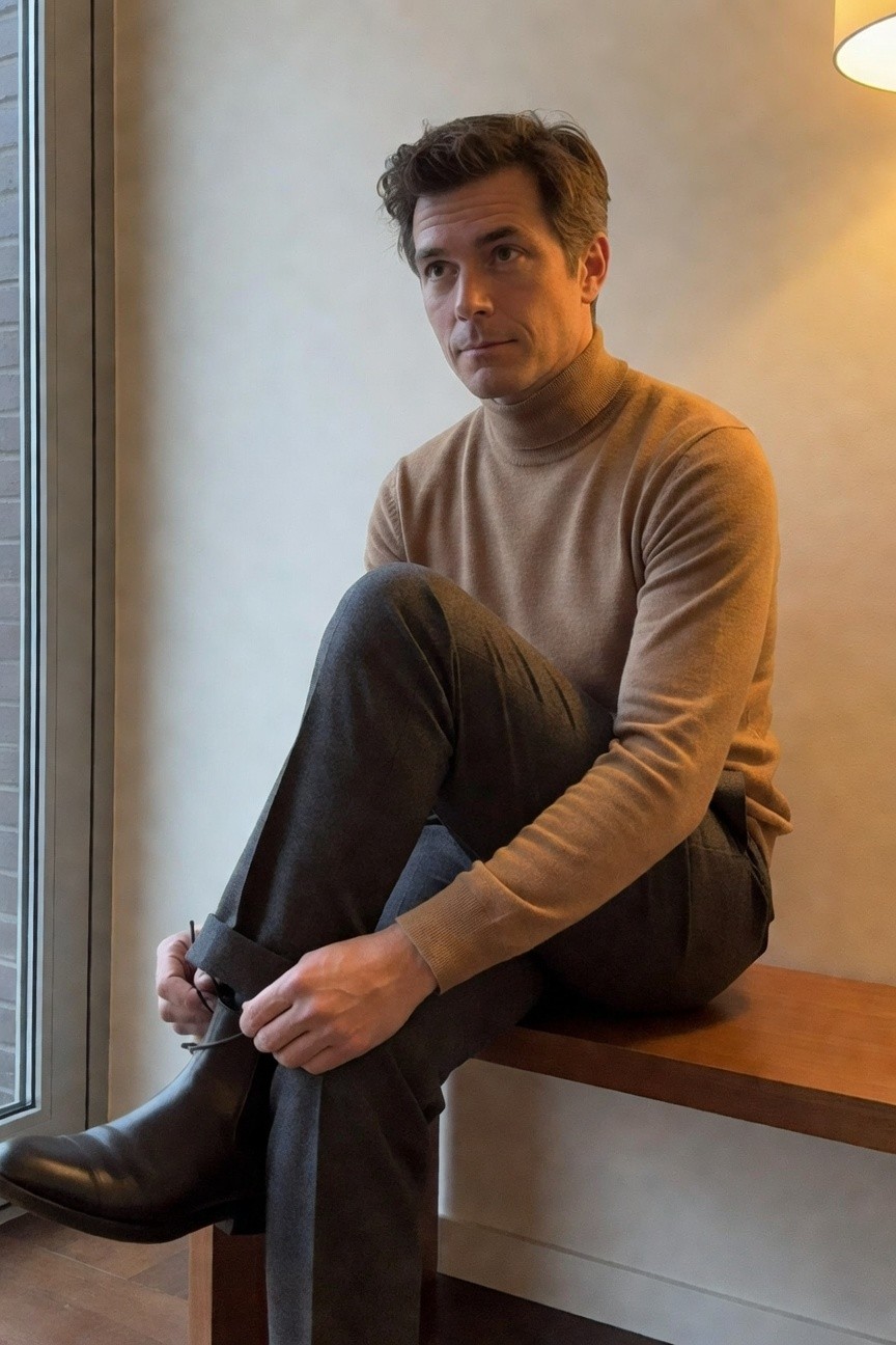 Man seated on wooden bench adjusting black Chelsea boot strap on grey wool trousers paired with camel turtleneck sweater in modern indoor setting near window
