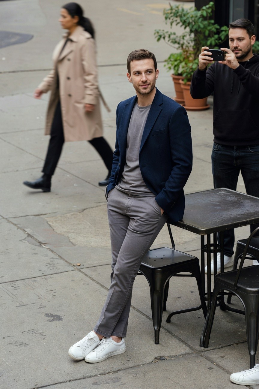 Man in navy blazer over grey t-shirt and slim light grey pants with white sneakers, leaning casually against outdoor cafe table
