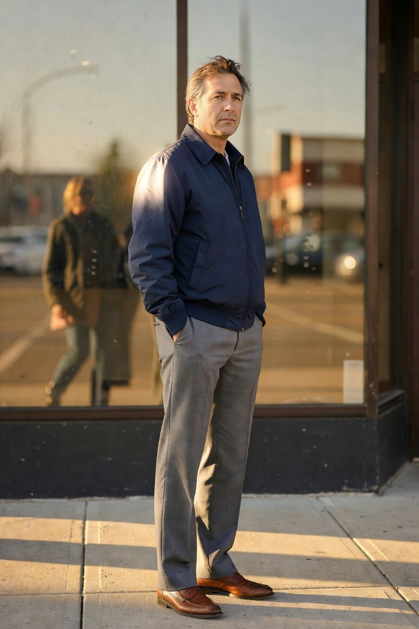 Man in profile view standing casually with hands in pockets, wearing a navy blue zip-up bomber jacket, light grey wool-blend trousers, and tan leather loafers, reflected in a window
