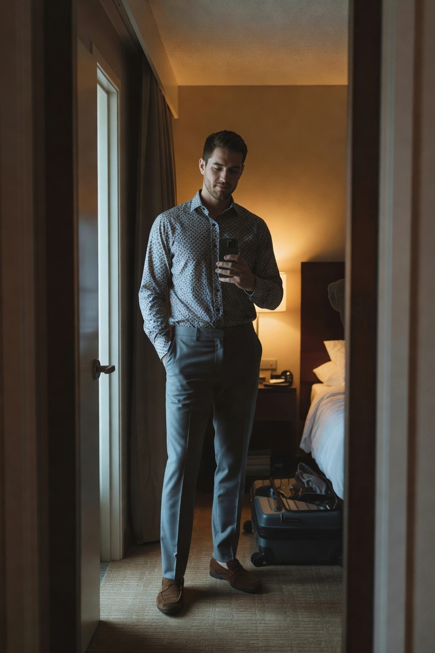 Man in slim light grey pants, light patterned button-up shirt with subtle dots, brown suede loafers, standing in hotel room doorway holding phone selfie-style, hands in pockets for relaxed business casual look