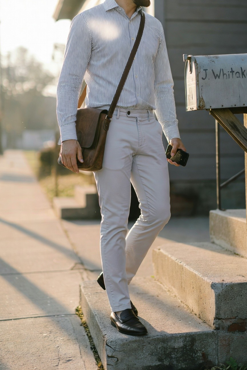 Man wearing light grey slim-fit pants, pale blue-and-white striped button-up shirt, brown leather messenger bag, black loafers, holding a smartphone, standing casually on concrete steps