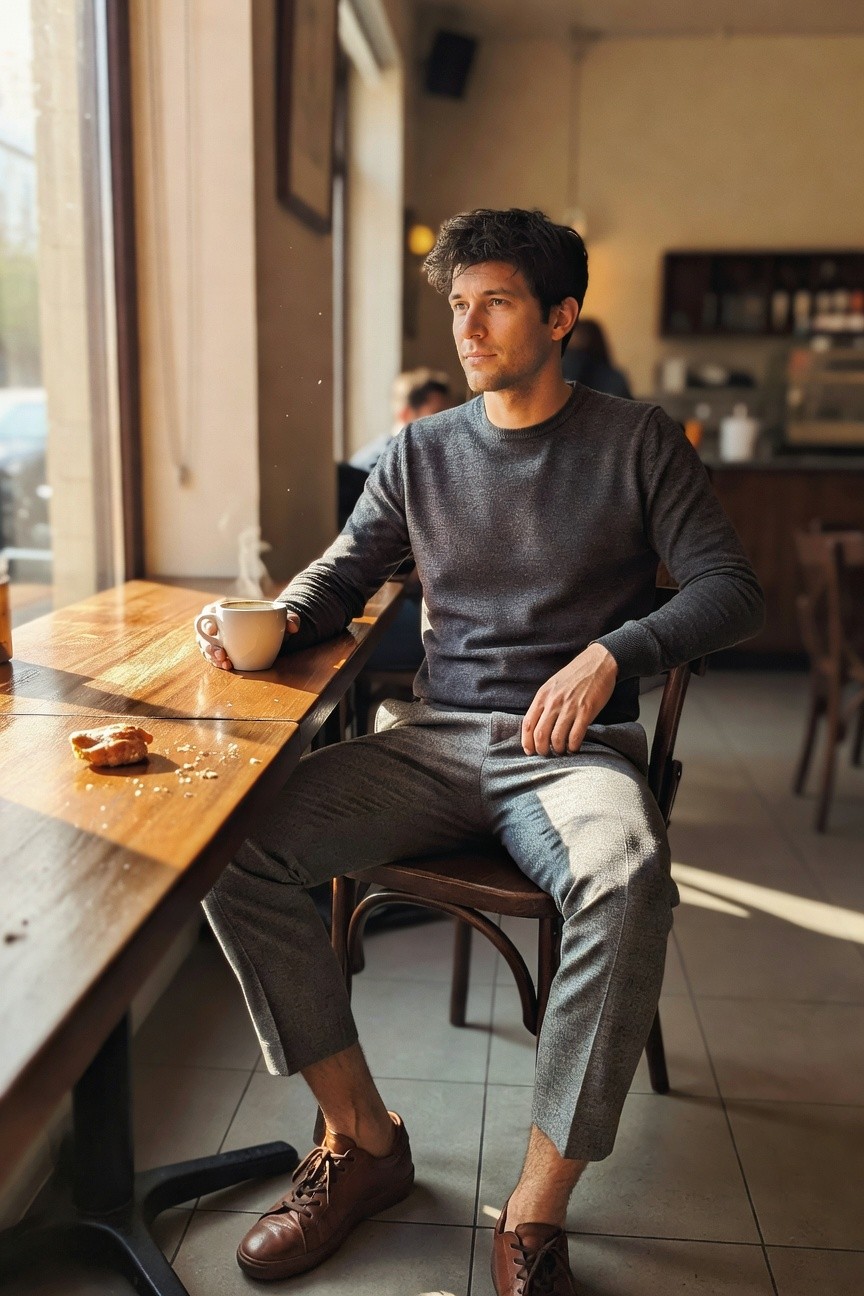 Man in grey crewneck knit sweater and cropped grey wool-blend trousers with brown leather sneakers, sitting at wooden table holding white coffee mug