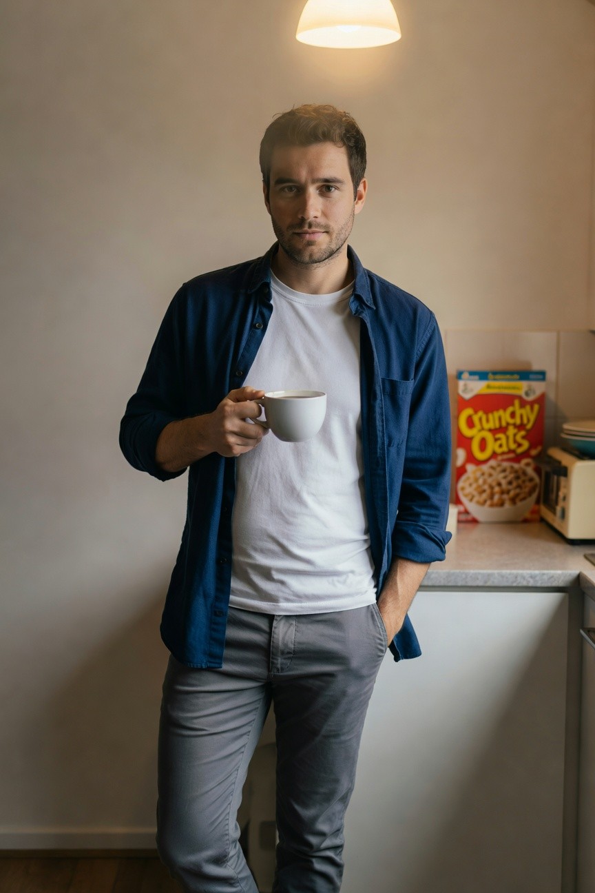 Man in business casual outfit standing in kitchen holding white mug: open navy blue chambray shirt over white t-shirt tucked into slim grey pants, warm indoor lighting