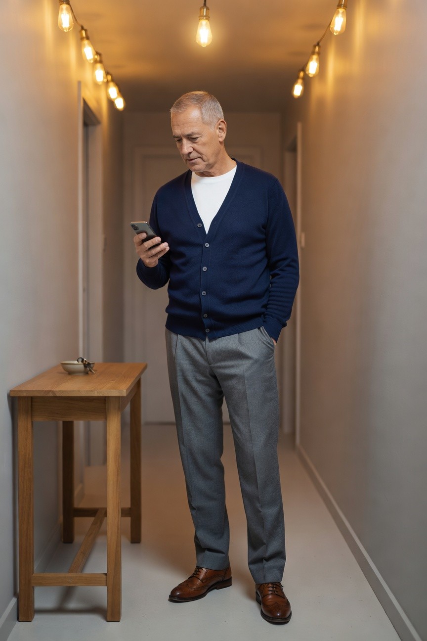 Mature man standing in a hallway wearing an open navy blue v-neck cardigan over a white t-shirt, light grey dress trousers, and brown leather brogue shoes, holding a smartphone in one hand with keys on a wooden side table nearby