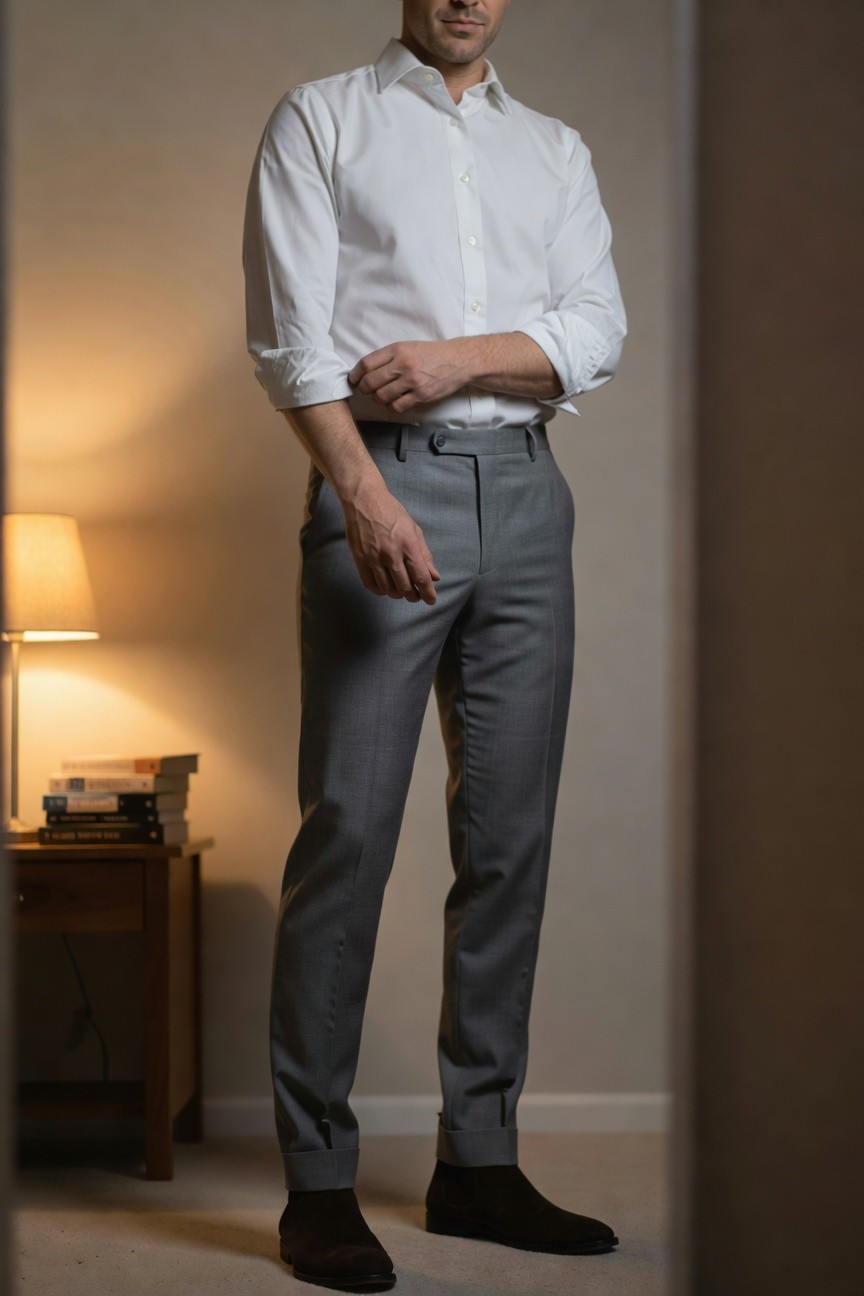 Man in white button-down shirt with rolled sleeves, slim light-grey wool trousers, and dark brown Chelsea boots, standing confidently indoors