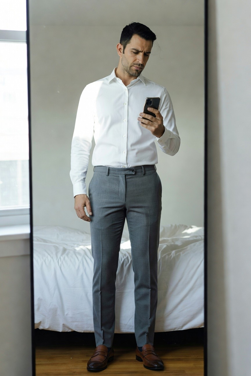 Man in full-length mirror selfie wearing long-sleeve white dress shirt tucked into slim grey wool trousers with brown leather loafers, holding phone in hand