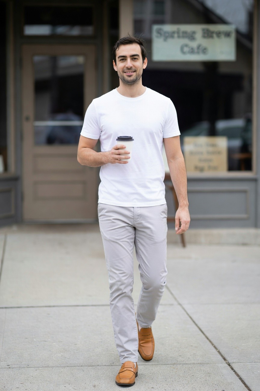 Man walking on sidewalk in fitted white short-sleeve t-shirt, light grey chinos, tan loafers, holding to-go coffee cup outside Spring Brew Cafe