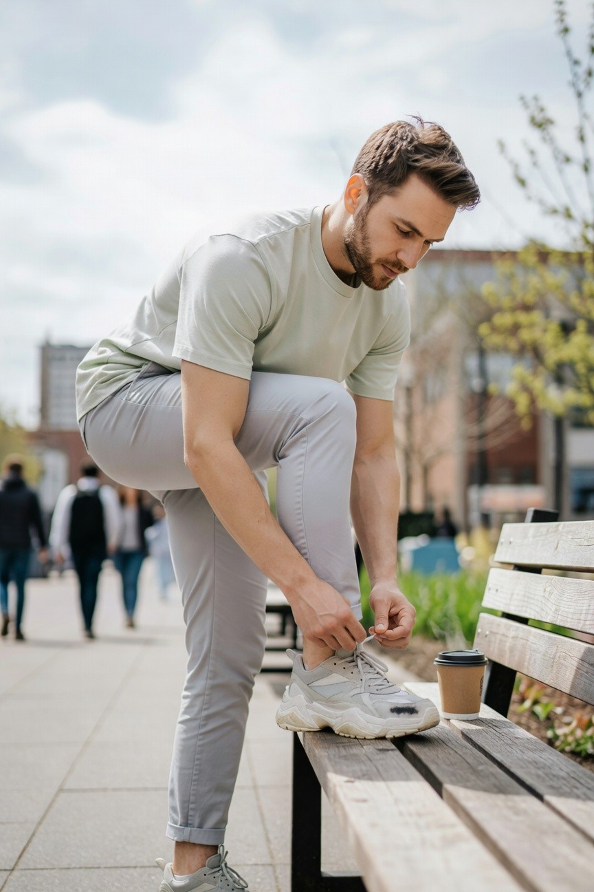 Man in mint green short-sleeve t-shirt and slim light grey pants with cuffed hems sits on a park bench tying chunky white sneakers with grey details, coffee cup beside him, blurred urban background