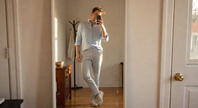 [Man in light blue linen button-up shirt with rolled sleeves, light grey slim trousers, and white sneakers, taking a mirror selfie in a minimalist hallway