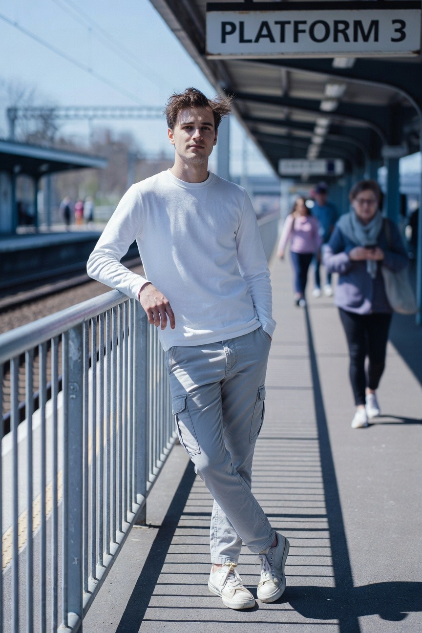 Young man leaning on a metal railing at a train platform, wearing a white long-sleeve t-shirt, light grey cargo pants with side pockets, and white sneakers, casual street style outfit against blurred background crowd