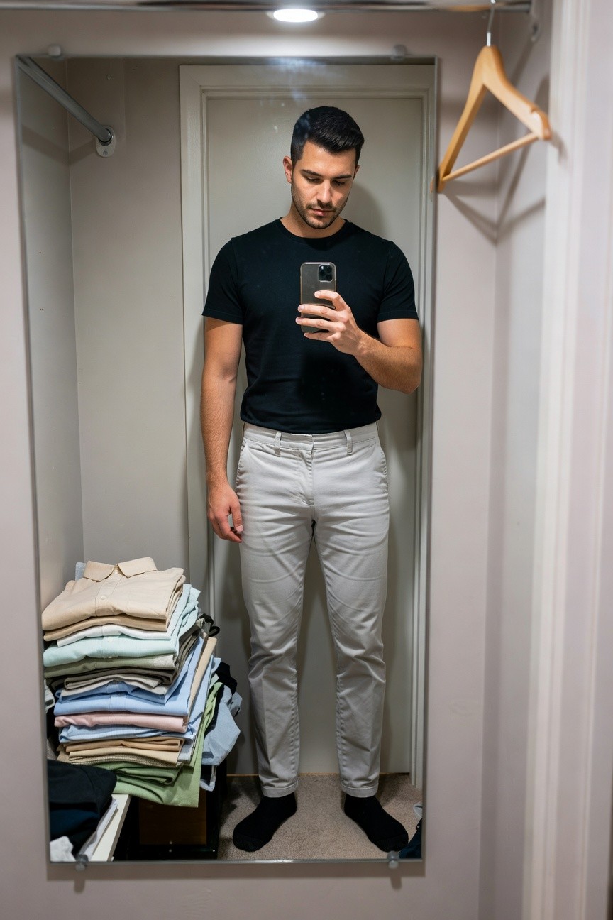 Handsome man with dark hair taking a mirror selfie in a walk-in closet, wearing a fitted black short-sleeve t-shirt tucked into slim light grey chinos, black socks on feet, stack of folded shirts on shelf nearby