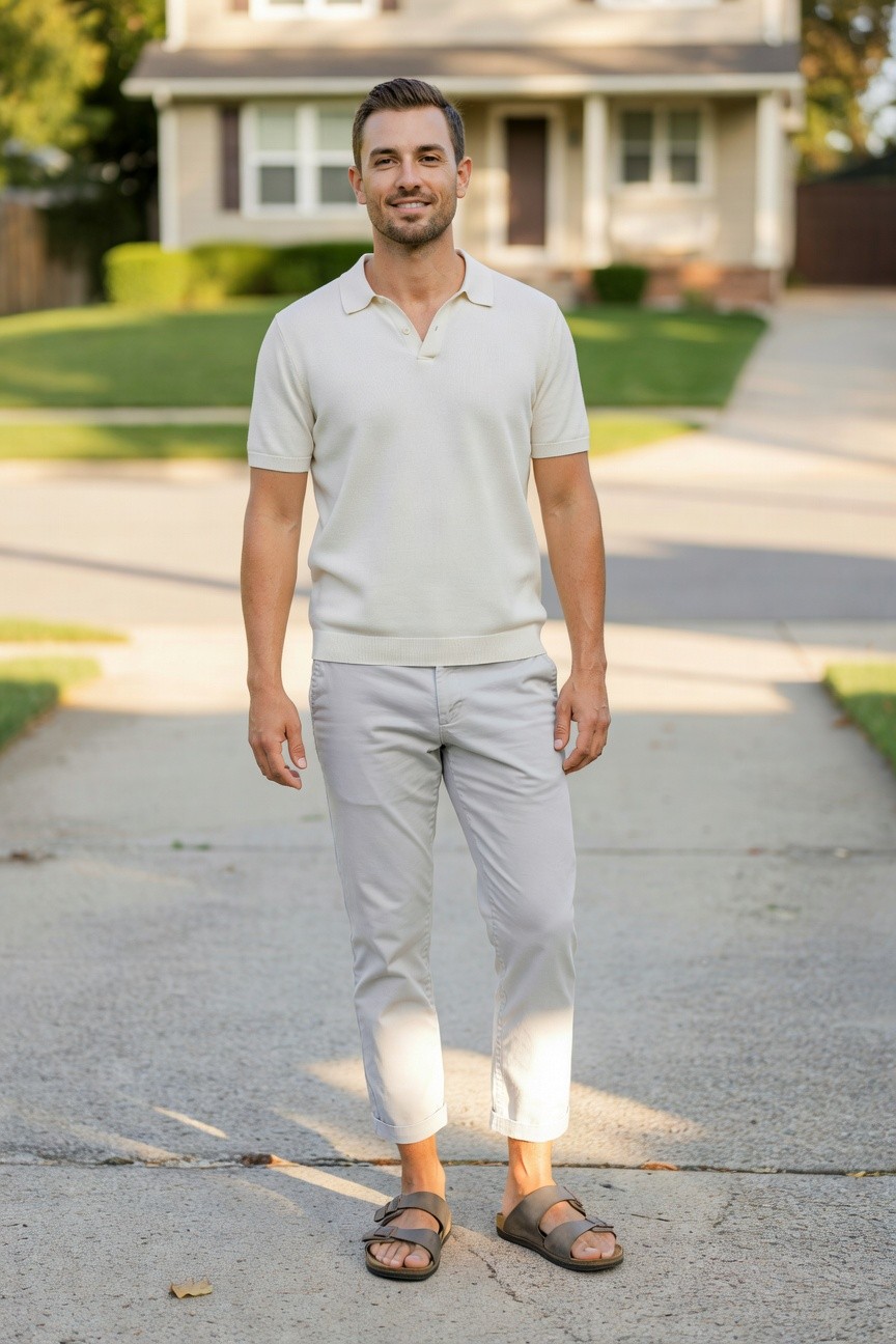 Man standing casually in cream short-sleeve polo shirt, light grey slim cropped pants, and brown leather double-strap sandals on a driveway