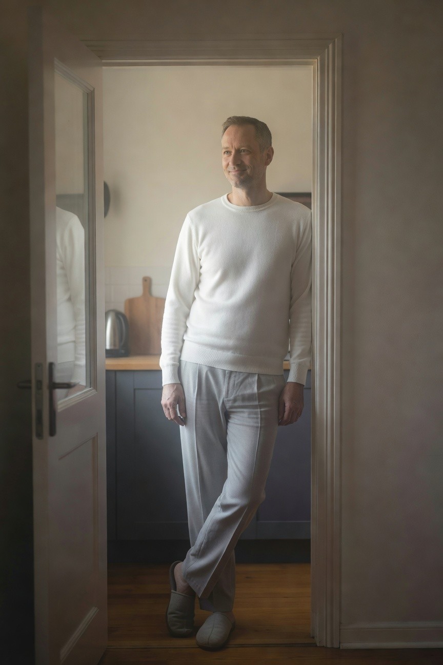 Man in white crewneck sweater and light grey trousers standing casually in a doorway, one foot crossed over the other wearing grey slippers, kitchen visible behind