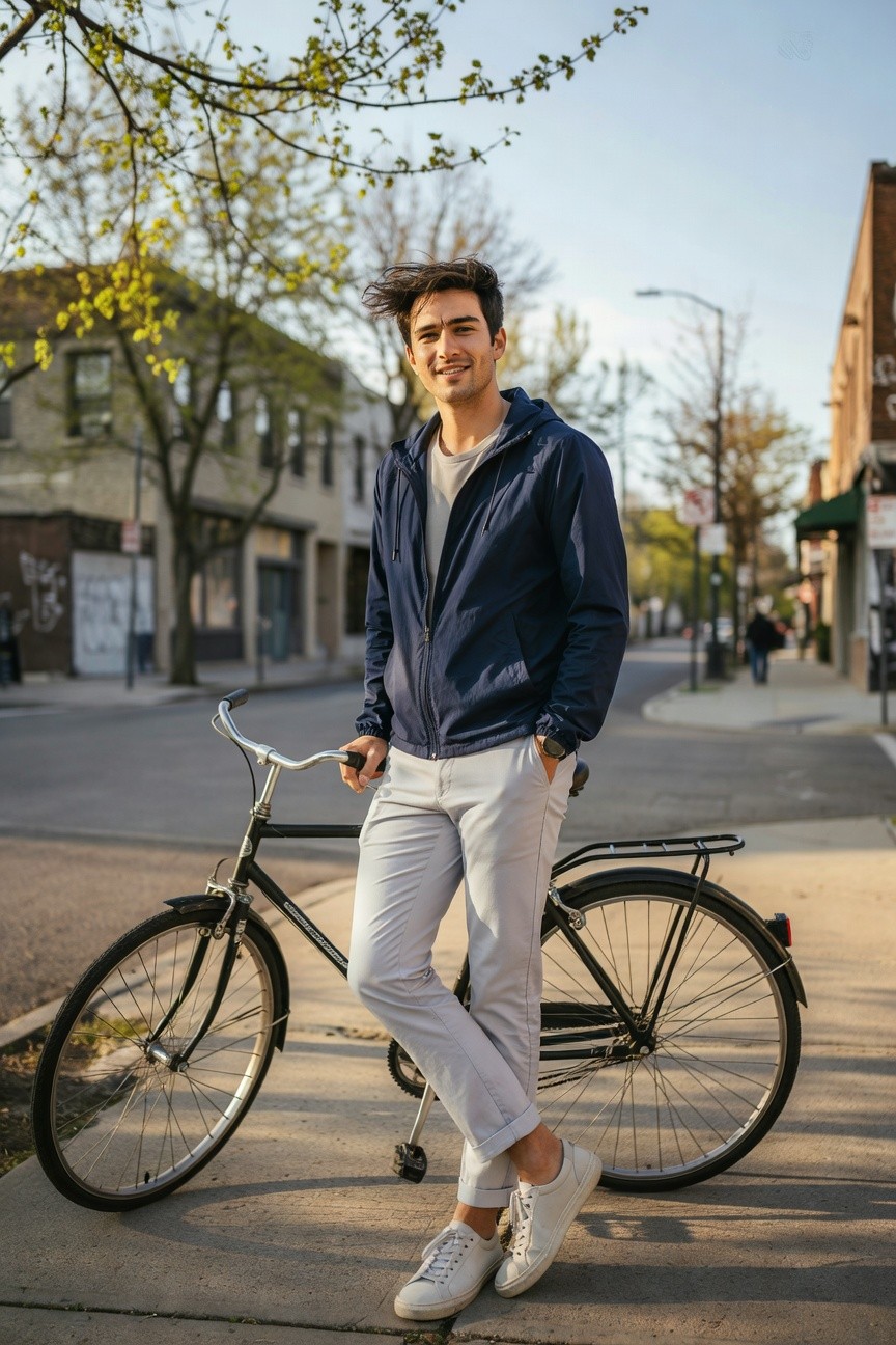 Man leaning on a black bicycle in navy hooded zip-up jacket over white t-shirt, light grey slim pants cuffed at ankles, white sneakers, and wristwatch on urban sidewalk