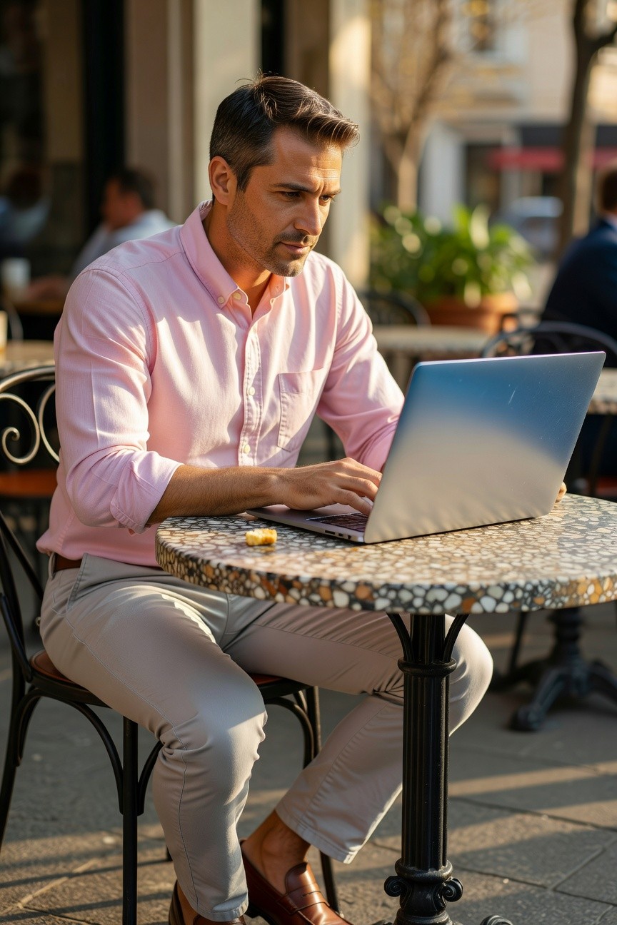Man in pale pink button-up shirt with rolled sleeves, light grey slim pants, brown belt and loafers, sitting at table typing on laptop