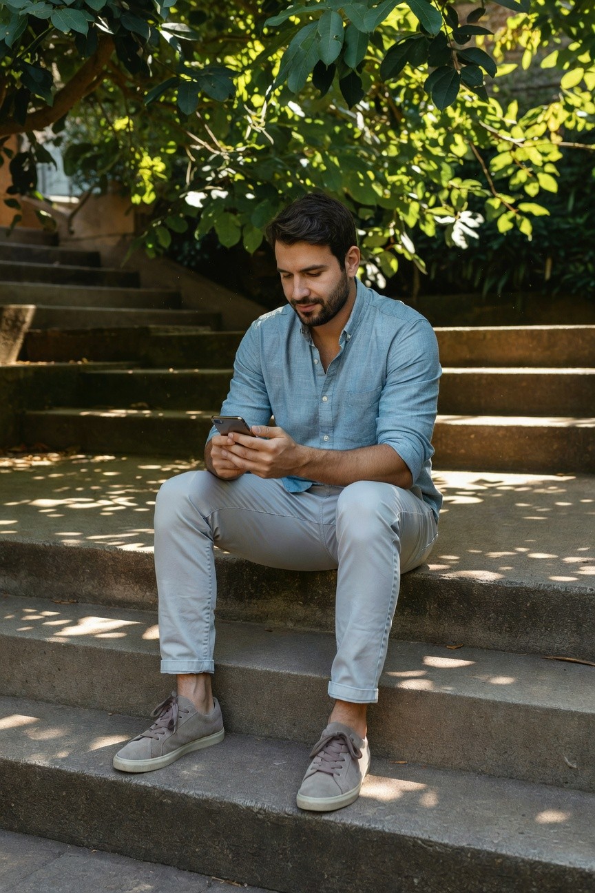 Man sitting on steps in light grey slim pants cuffed at ankles, pale blue linen button-down shirt untucked, neutral suede sneakers, surrounded by greenery