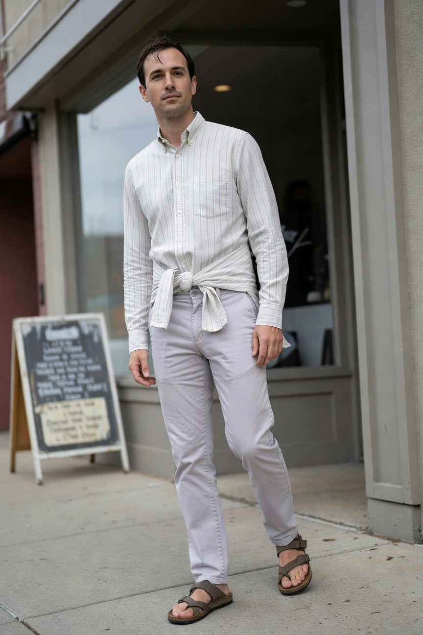 Man standing casually in light grey slim pants, pale striped button-up shirt knotted at the front with long sleeves, and brown leather strap sandals, outside a storefront