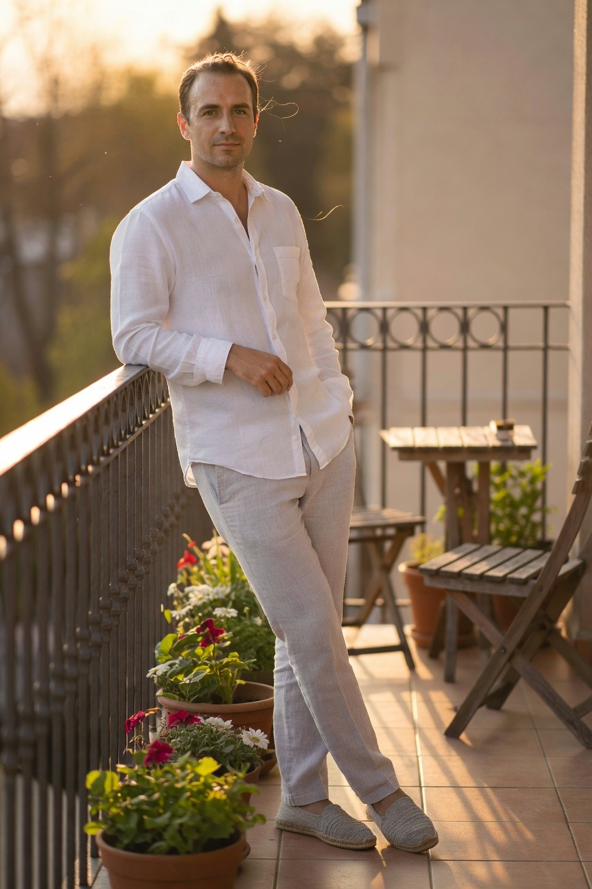Man leaning on balcony railing in white linen shirt, light grey linen pants, and knit espadrilles, surrounded by potted plants on tiled terrace