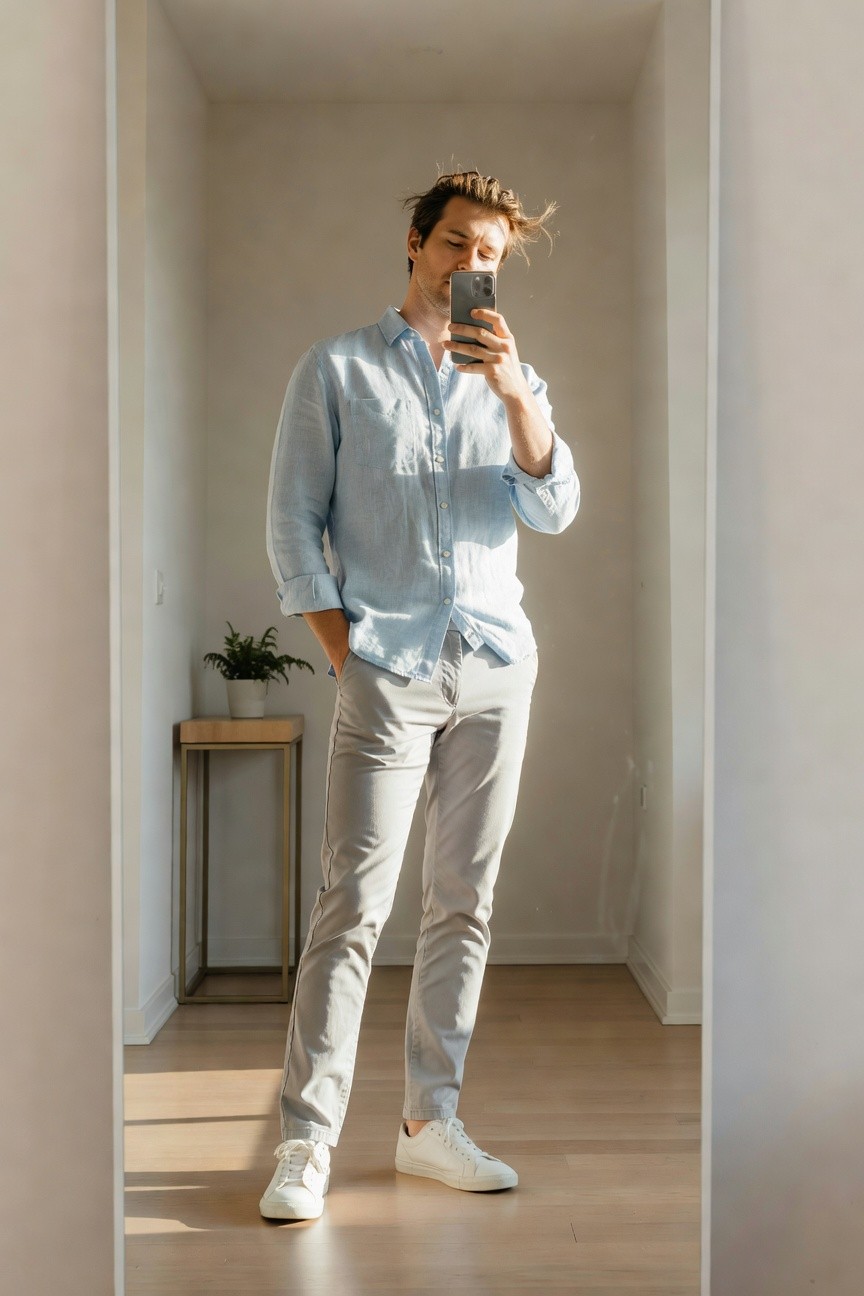 Man in light blue linen button-up shirt with rolled sleeves, light grey slim trousers, and white sneakers, taking a mirror selfie in a minimalist hallway