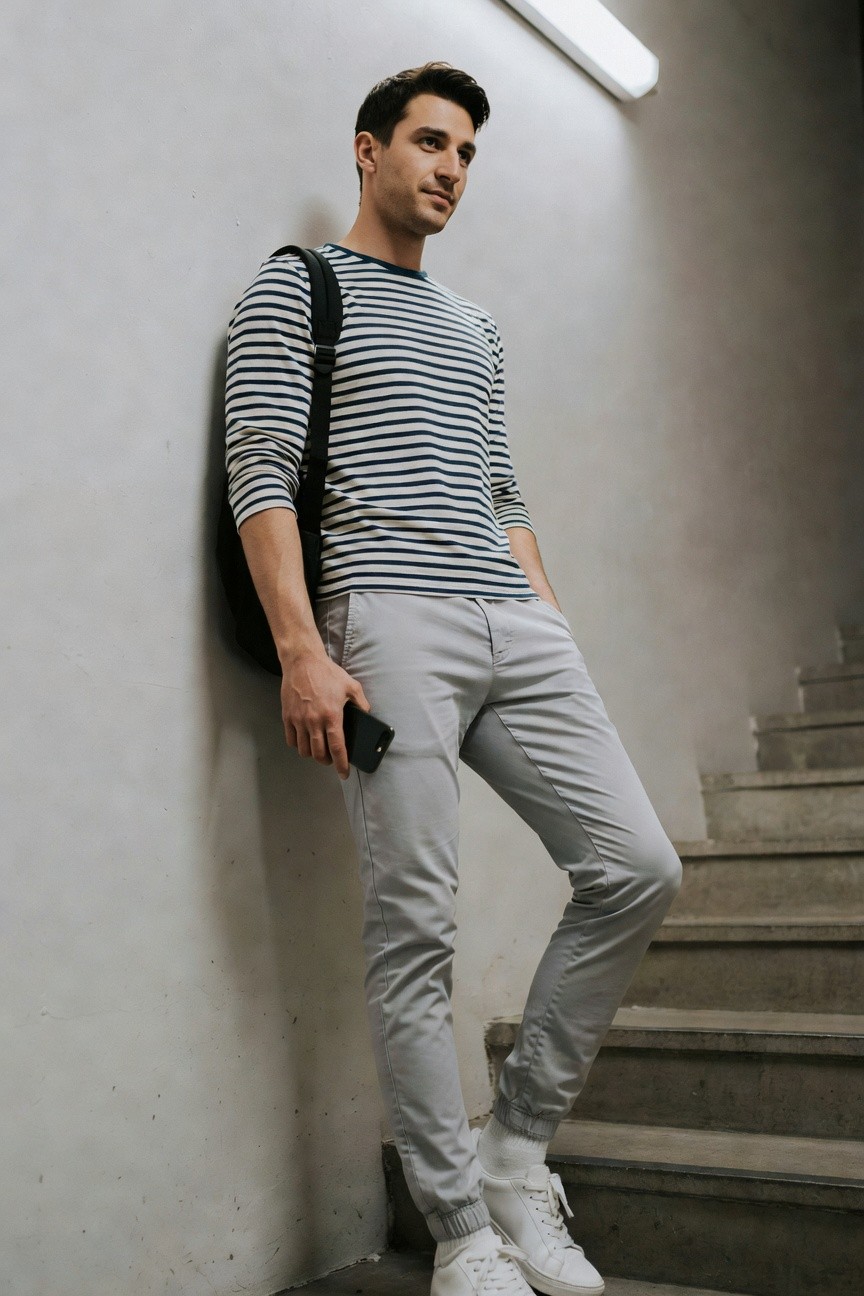 Man leaning against a concrete wall near stairs, wearing a navy and white striped long-sleeve shirt, light grey jogger pants, white sneakers, black backpack on one shoulder, holding a black smartphone casually