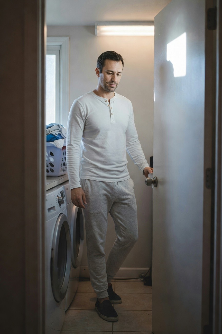 A man stands in a laundry room wearing a white long-sleeve henley shirt, light grey sweatpants, and black slip-on sneakers, holding open a door with laundry basket nearby.